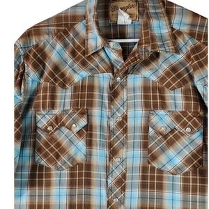 Wrangler Western Fashion Snap Shirt XL Brown Blue Plaid Long Sleeve WM326BR